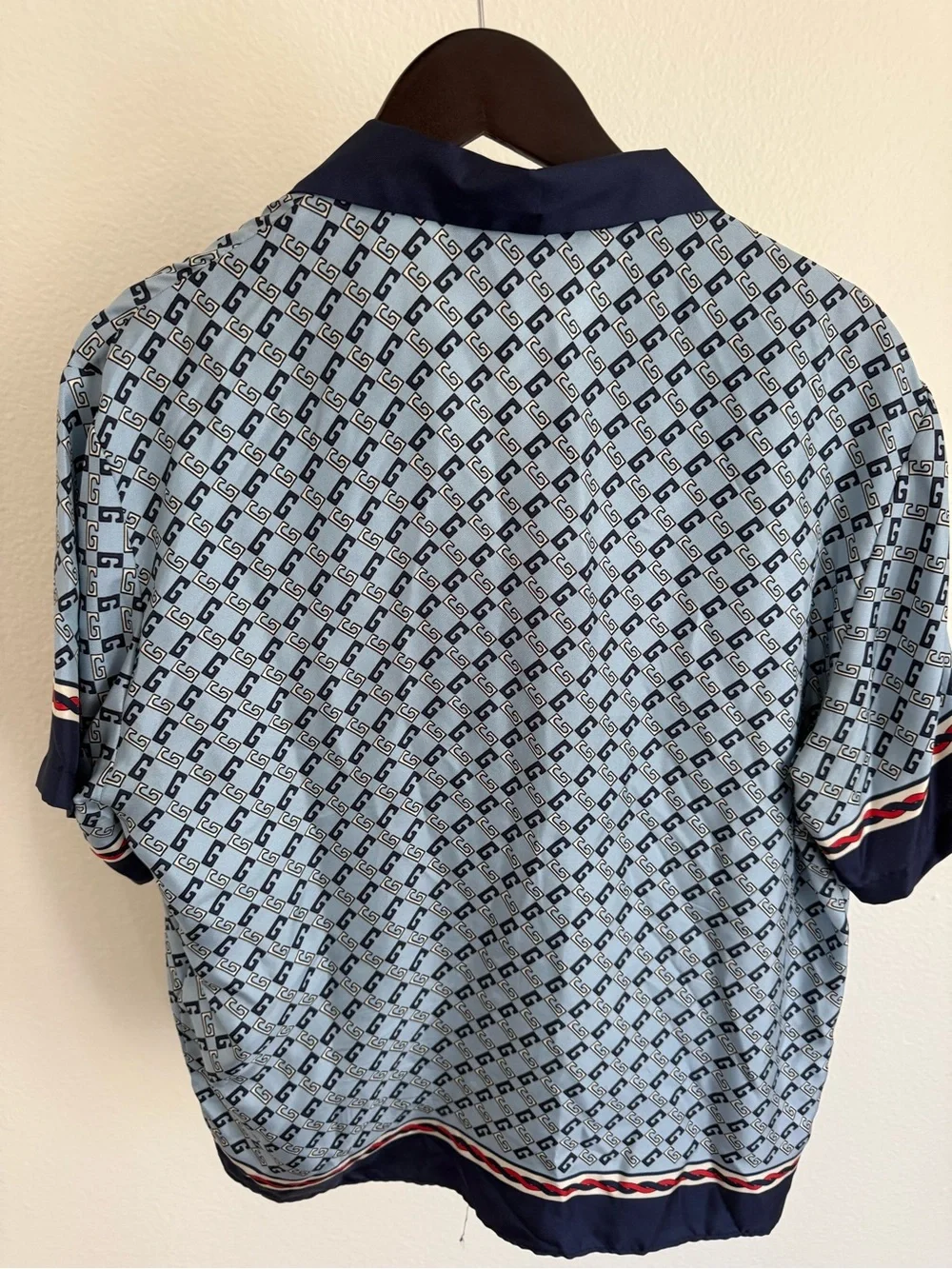 Gucci Mens Light Blue GG-Print Silk Cuban Short-sleeve Shirt (Size 48)